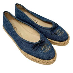 CHANEL Vintage CC Logo Denim Espadrilles #37.5 Flats Shoes Blue Cotton [105623]